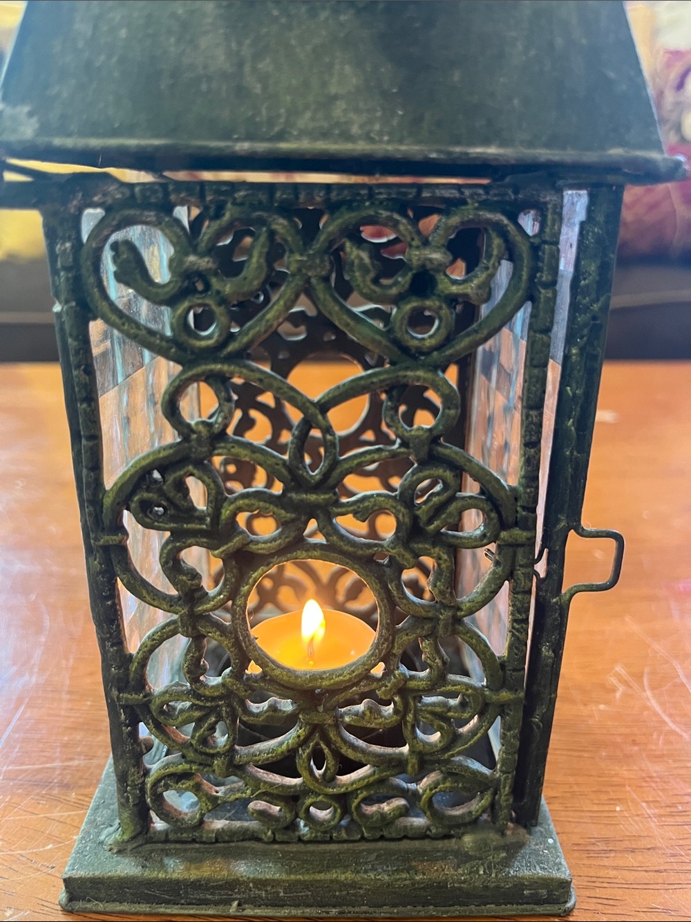 Decorative Green Metal and Glass Cathedral Style 12”H Lantern Filigree Detailing - Picture 9 of 15